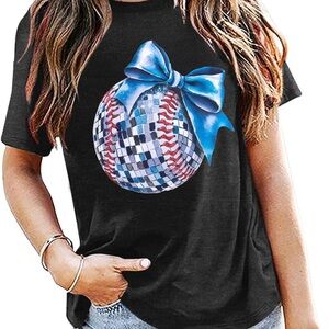 Black Baseball Graphic Tee with Blue Bow Design